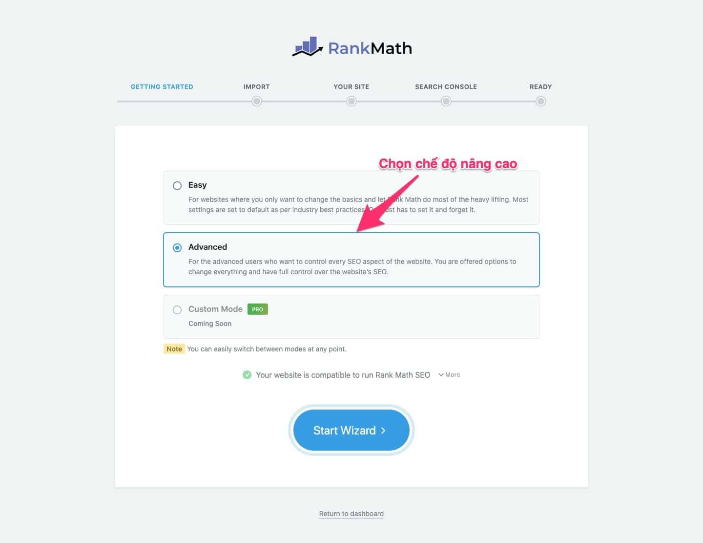Bắt đầu Rank Math bằng cách bấm Start Wizard