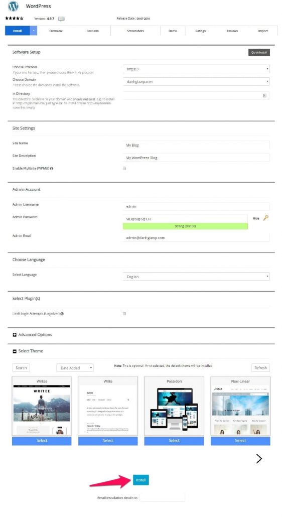 Diền các thông tin cần thiết để bắt đầu cài đặt blog wordpress