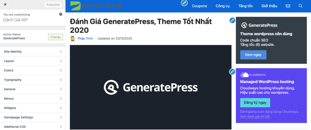 Tùy chỉnh trực quan trong GeneratePress